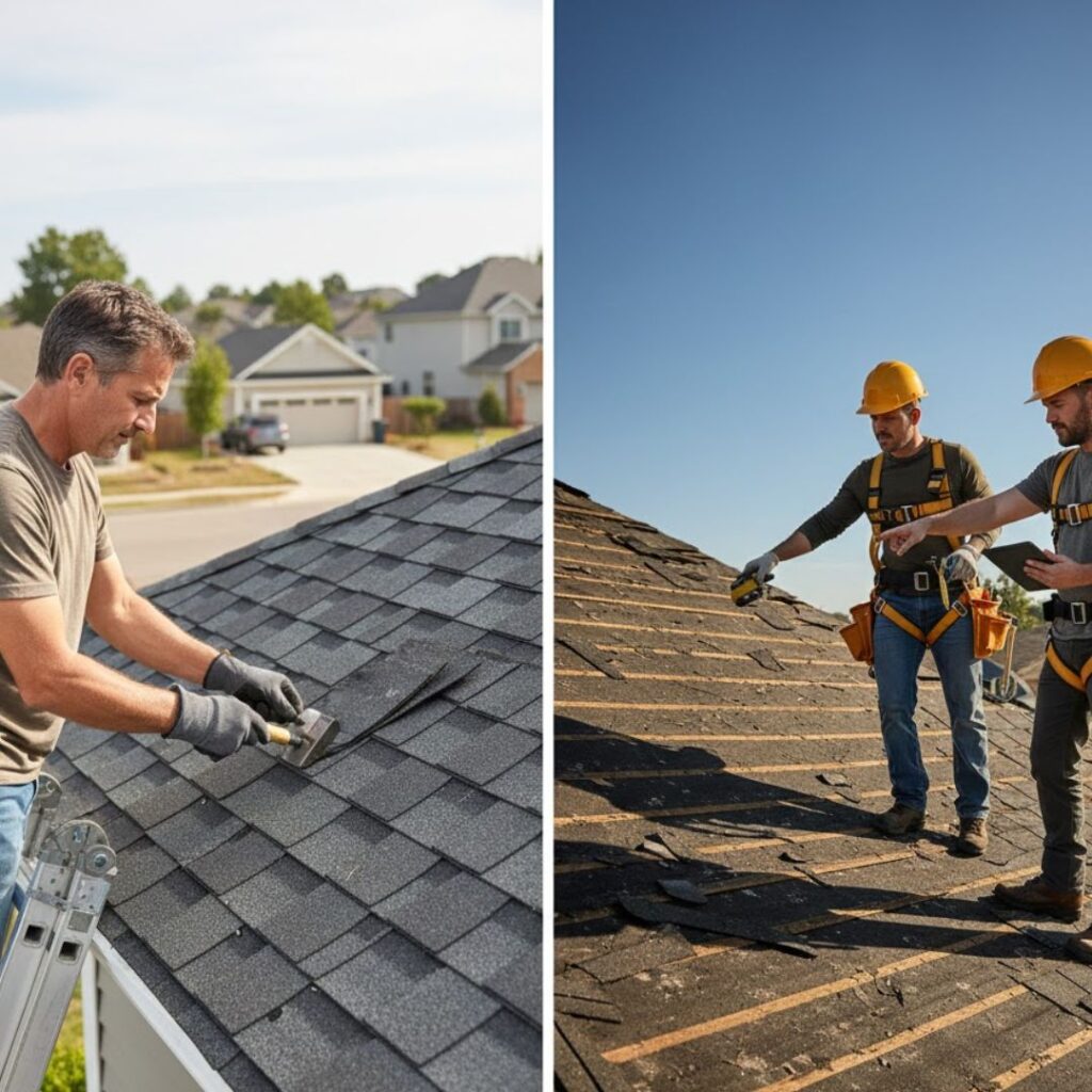 split image comparing a man fixing his roof on his own vs a roofing team fixing a roof