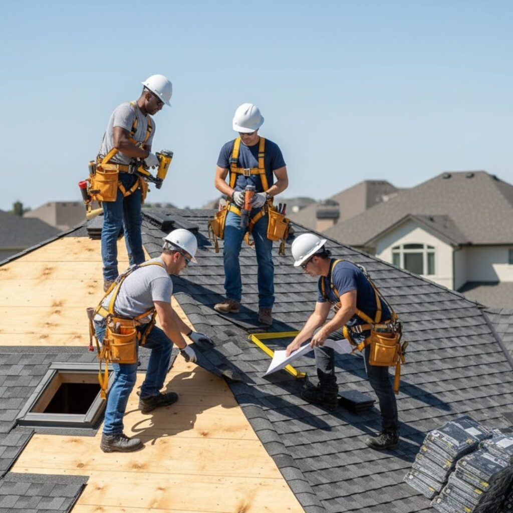roofing team repairing roof