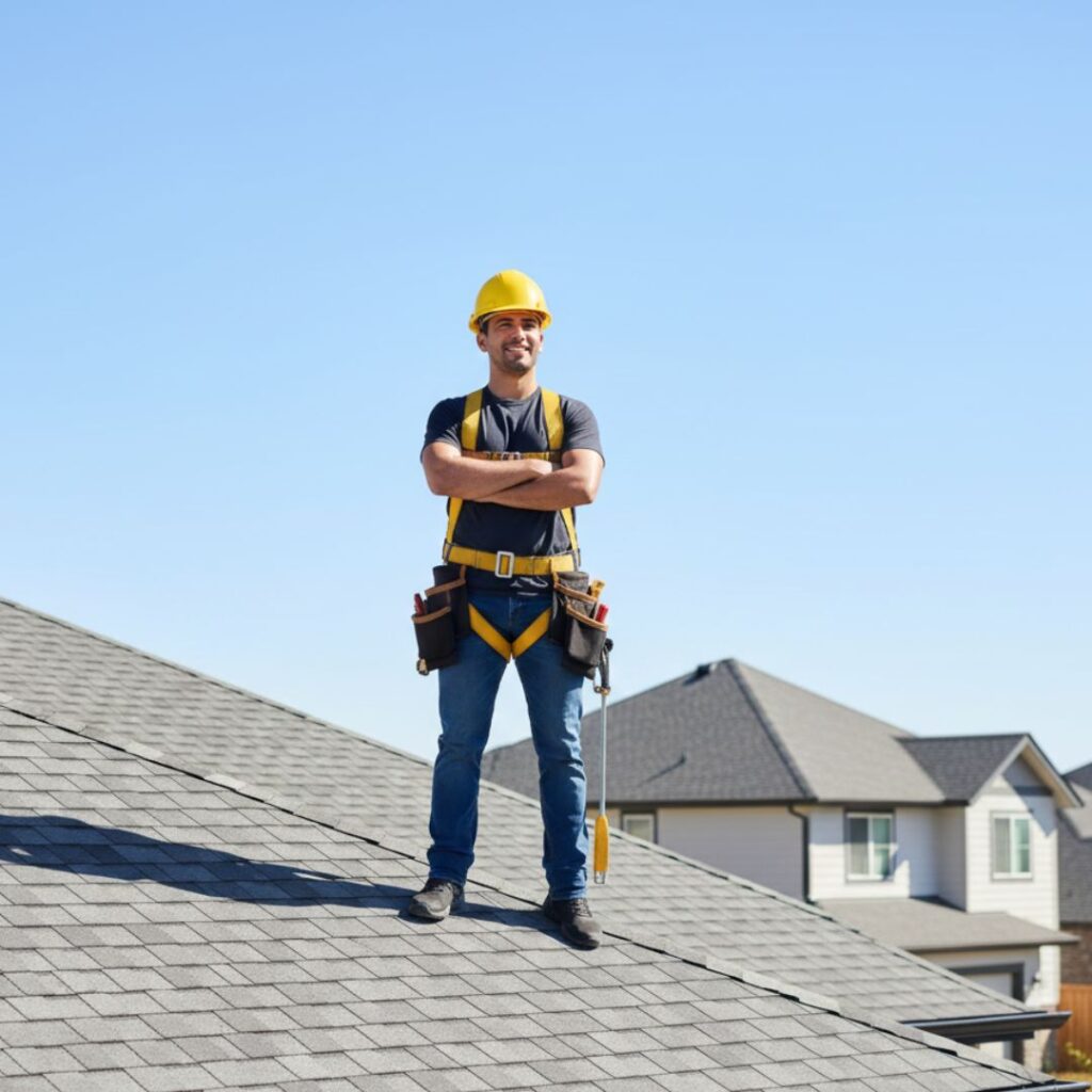 roofer standing on top of roof smiling