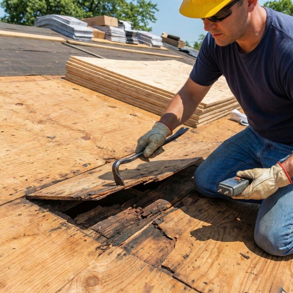 Inspecting the roof deck for damage is a critical first step.