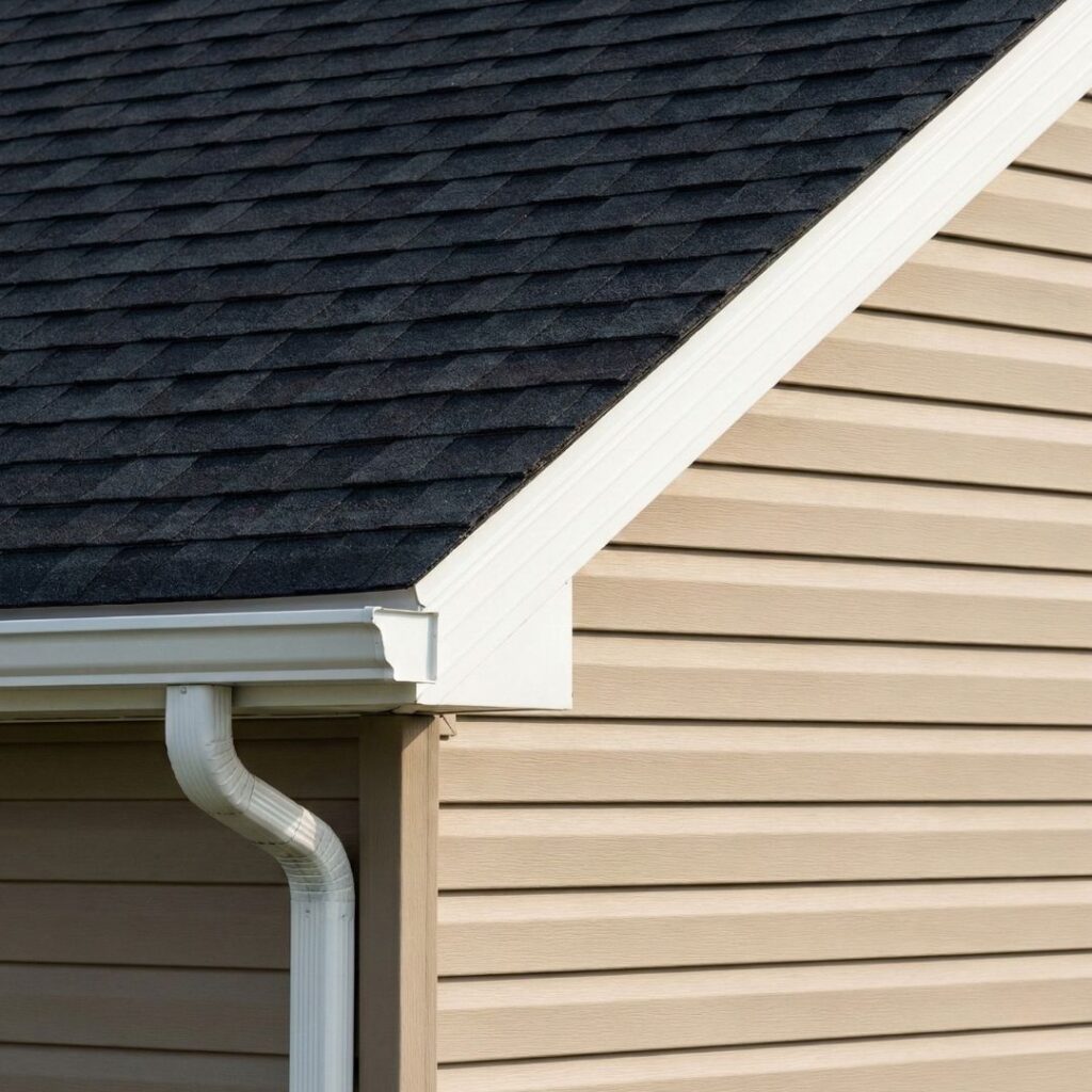 A close-up view showing a new asphalt shingle roof meeting tan vinyl siding.