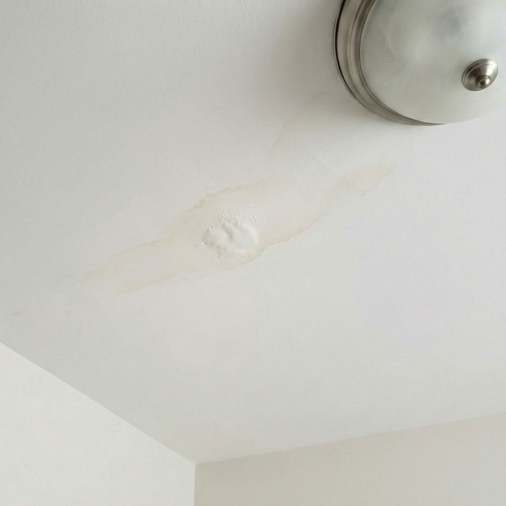A water stain on a ceiling, an early warning sign of a roof leak.