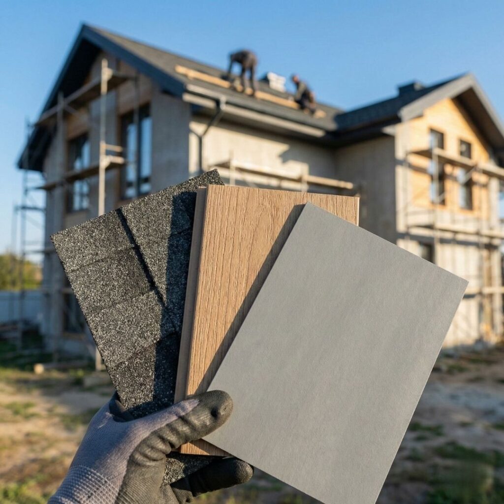 A hand holding samples of modern architectural roofing shingles and fiber cement siding.