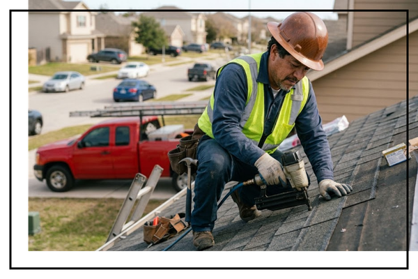 man fixing shingles on roof