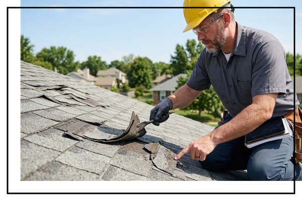 roofing expert carefully examining curled and storm-damaged asphalt shingles