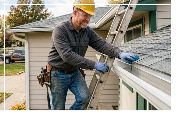 roofer doing an inspection of shingles by gutters