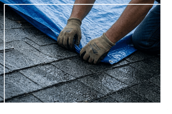 roofer placing tarp over damaged roof